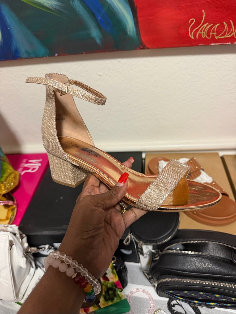 Glitter Block Heel Ankle-Strap Sandal - Champagne
